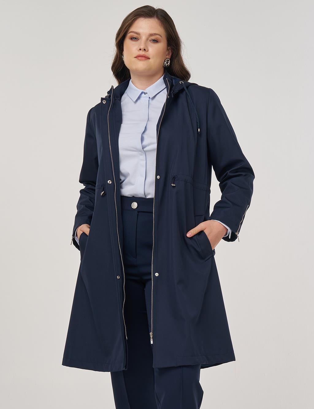 Zipper Detail Short Trench Coat in Dark Navy