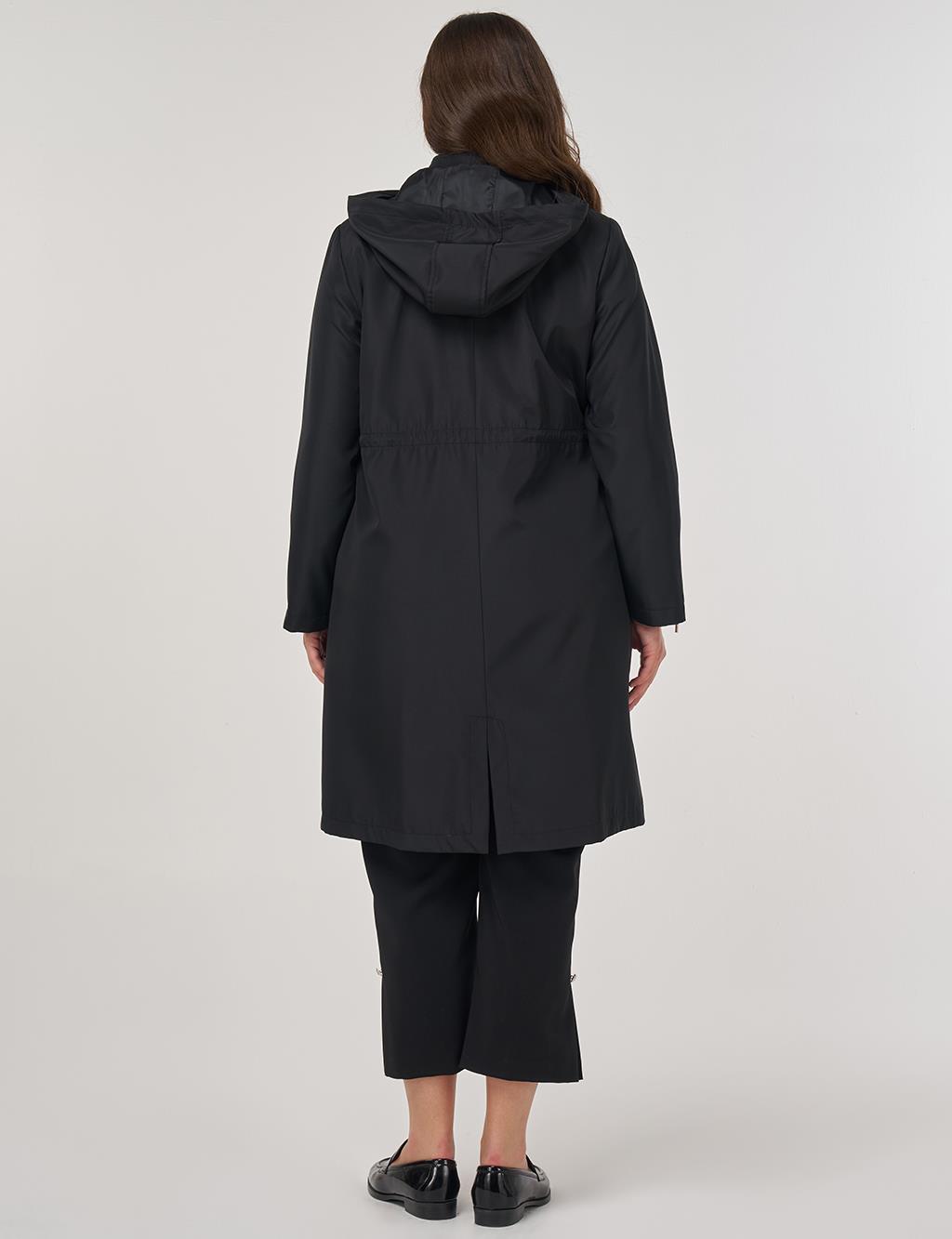 Zipper Detail Short Trench Coat in Black