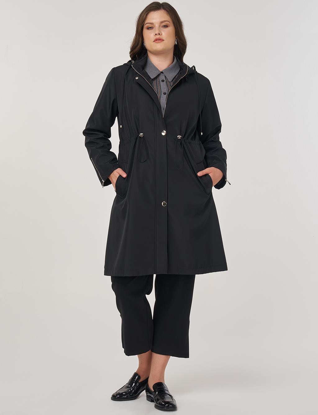 Zipper Detail Short Trench Coat in Black