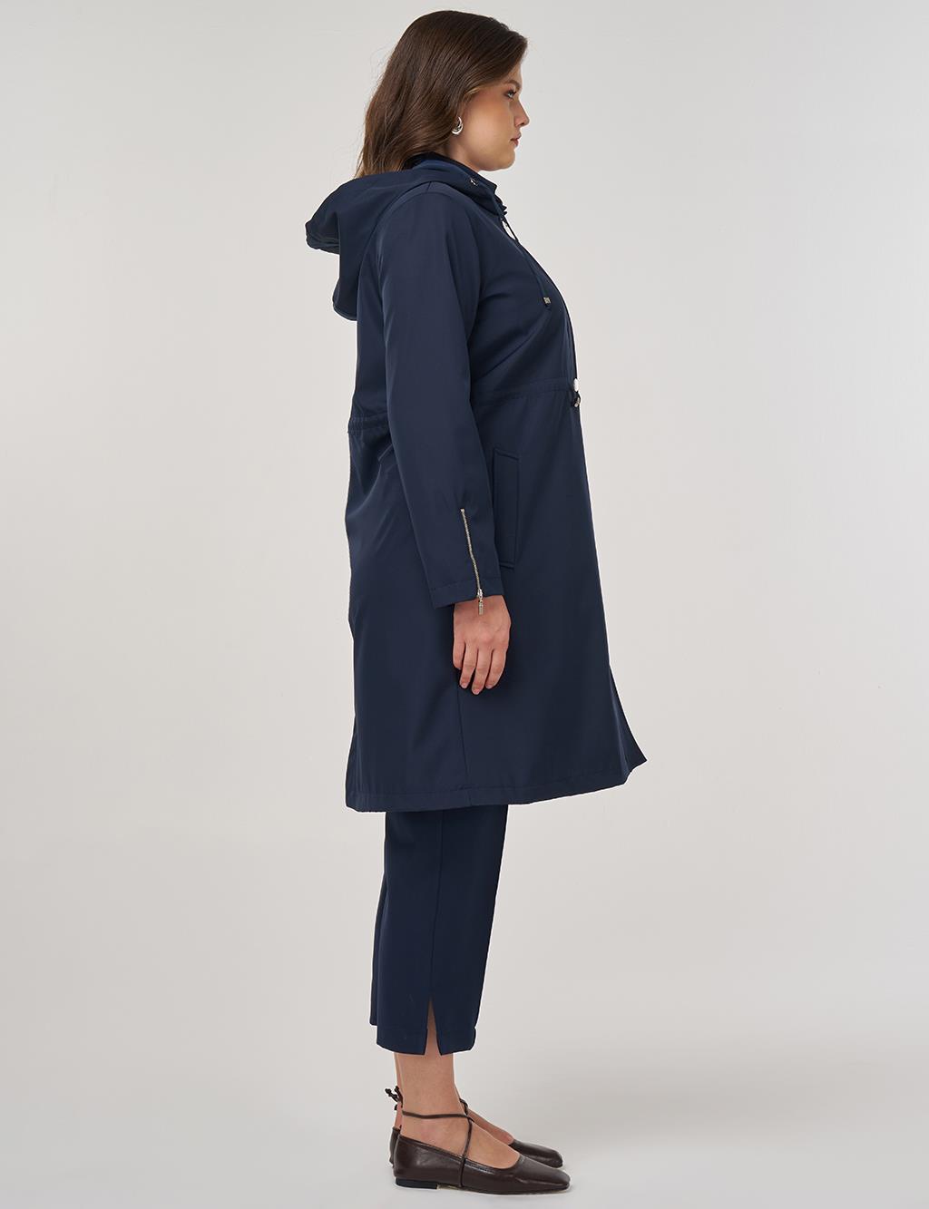 Zipper Detail Short Trench Coat in Dark Navy