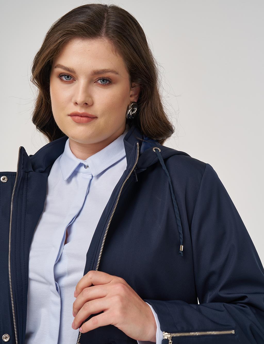 Zipper Detail Short Trench Coat in Dark Navy