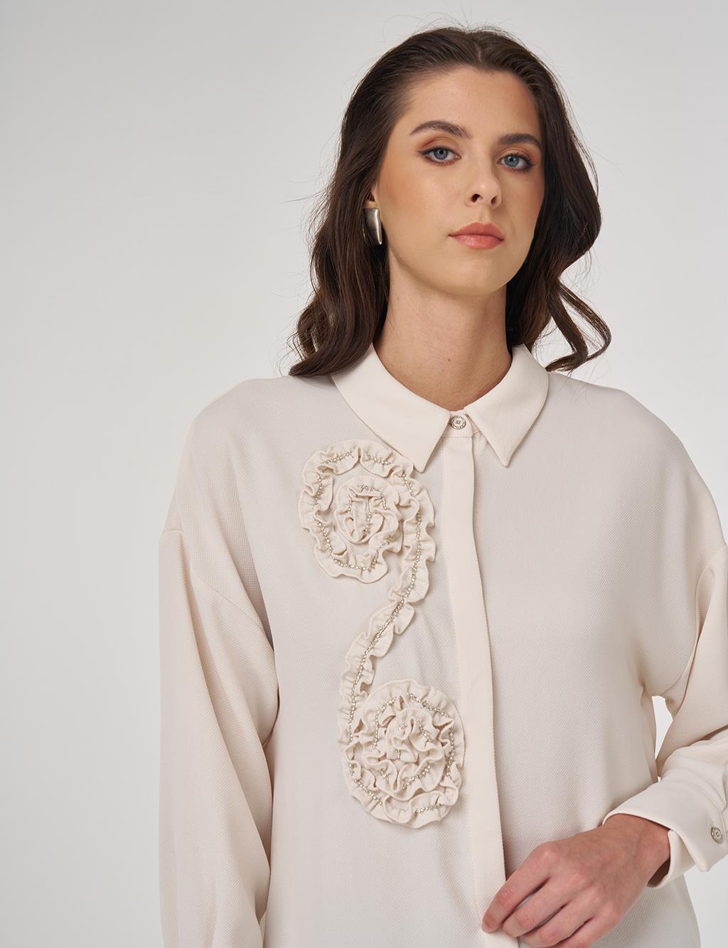 Aplikeli Düşük Omuz Tunik Krem