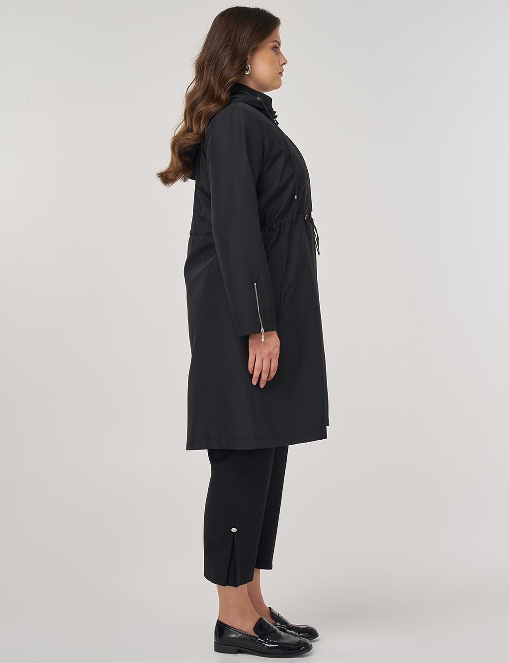 Zipper Detail Short Trench Coat in Black
