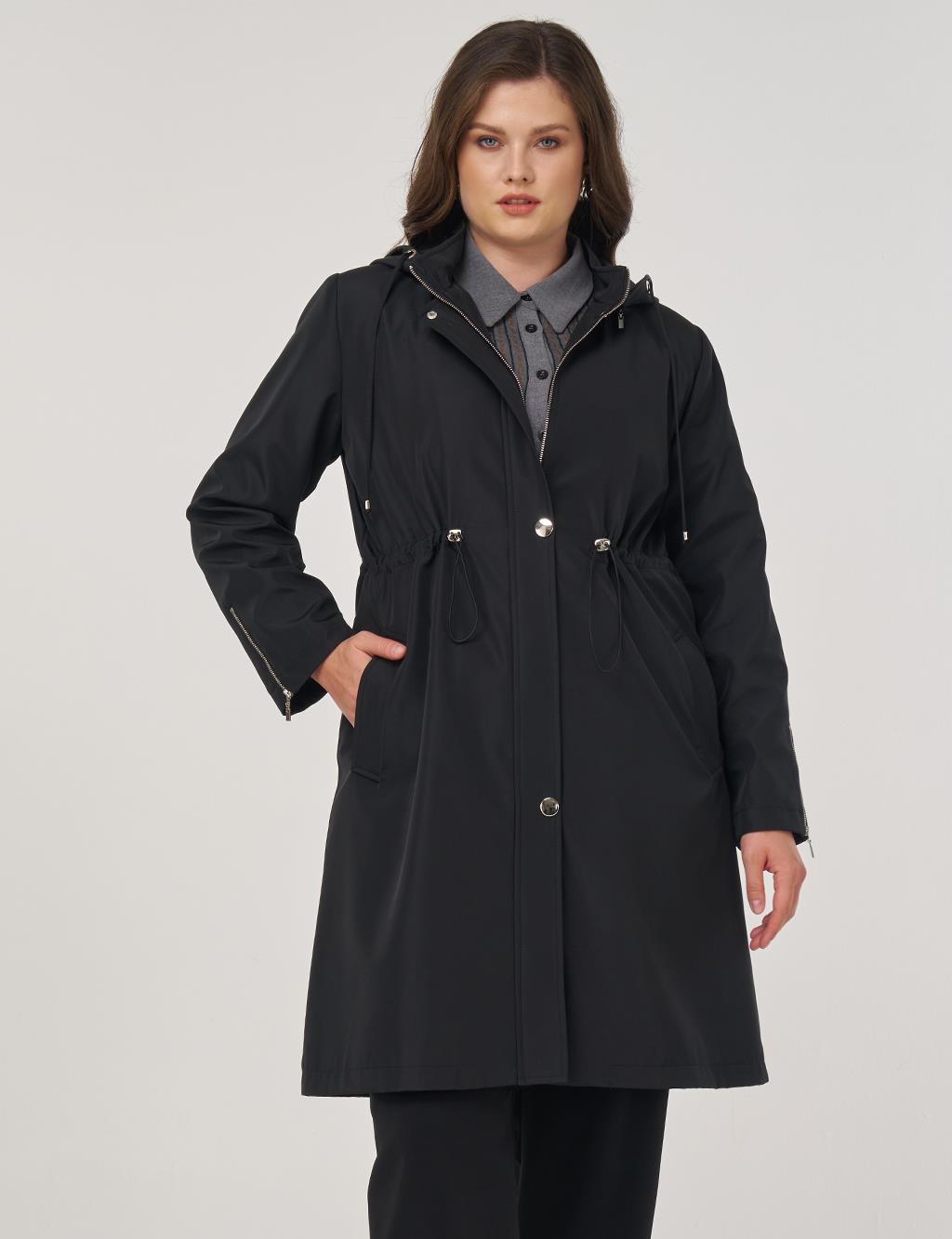 Zipper Detail Short Trench Coat in Black