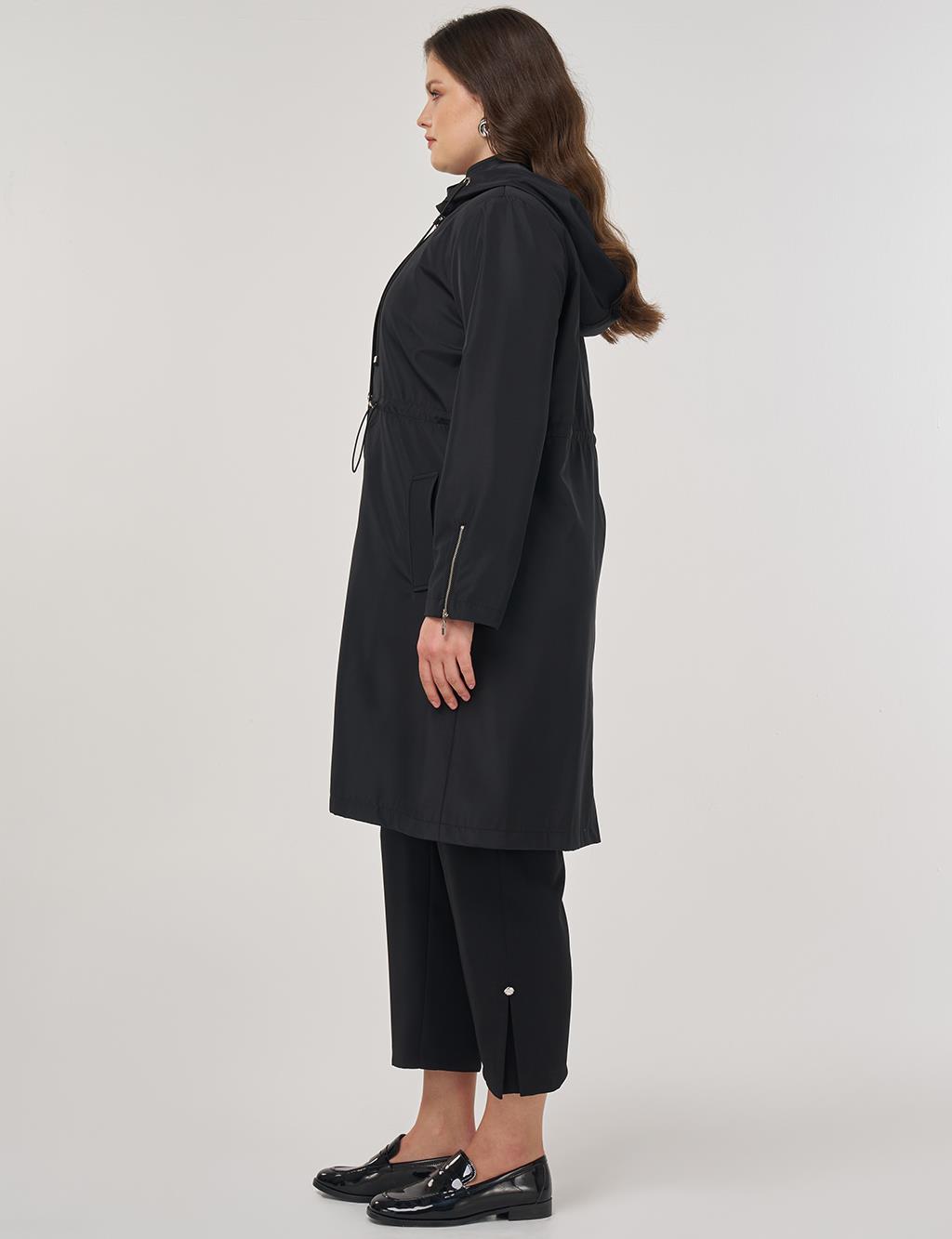 Zipper Detail Short Trench Coat in Black