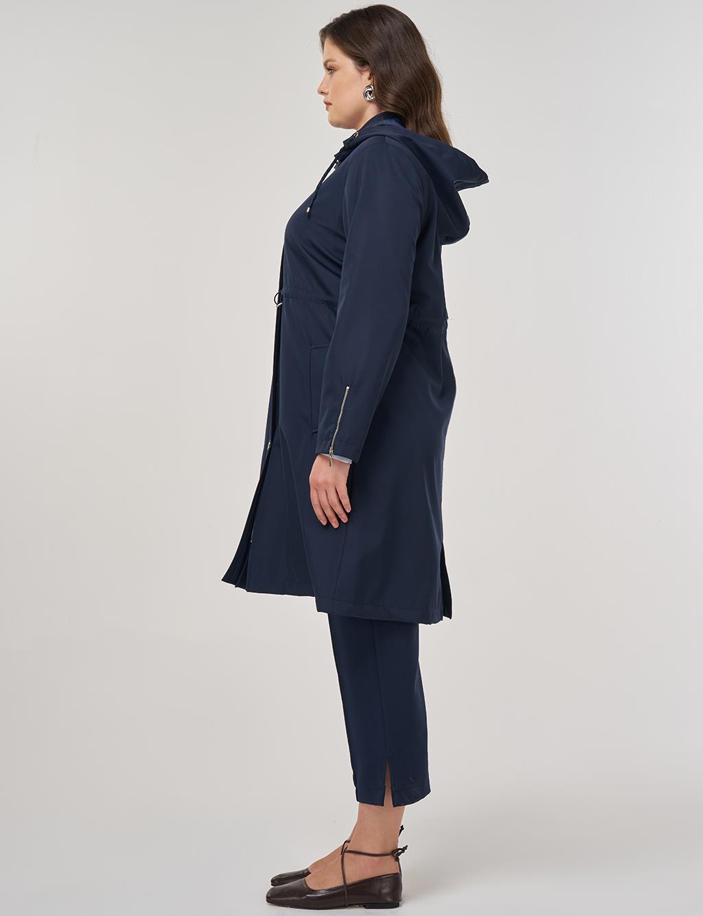 Zipper Detail Short Trench Coat in Dark Navy