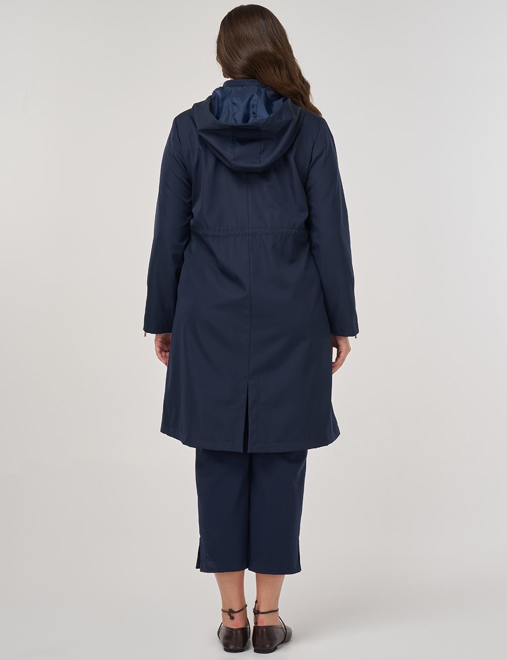 Zipper Detail Short Trench Coat in Dark Navy