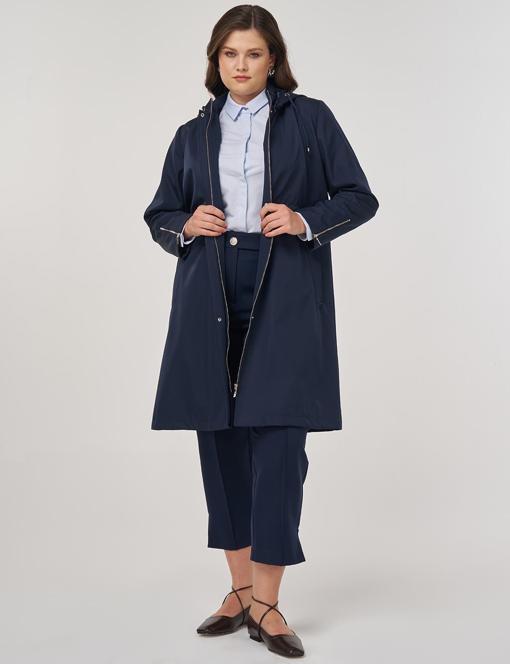 Zipper Detail Short Trench Coat in Dark Navy