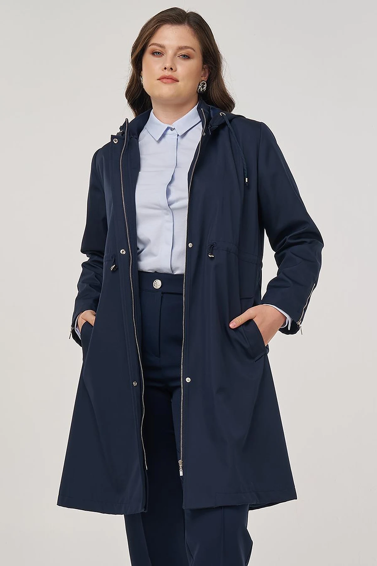 Zipper Detail Short Trench Coat in Dark Navy