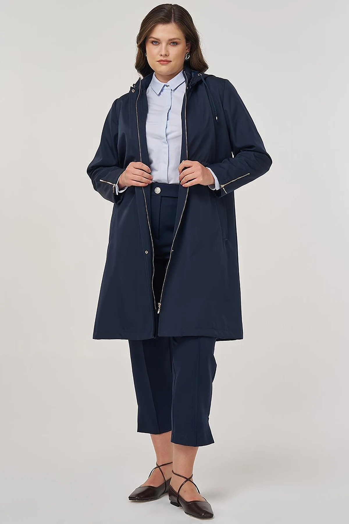 Zipper Detail Short Trench Coat in Dark Navy