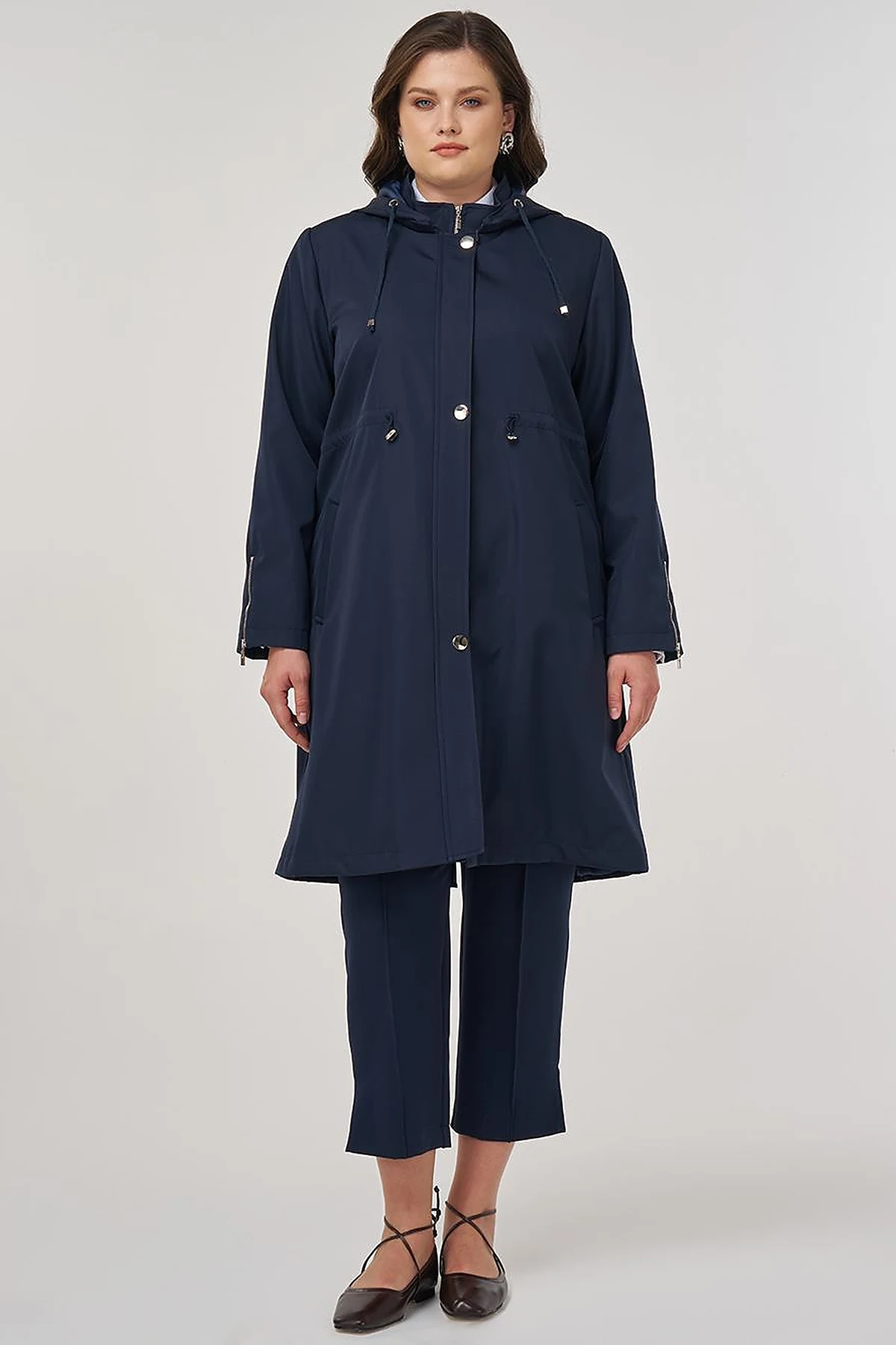 Zipper Detail Short Trench Coat in Dark Navy