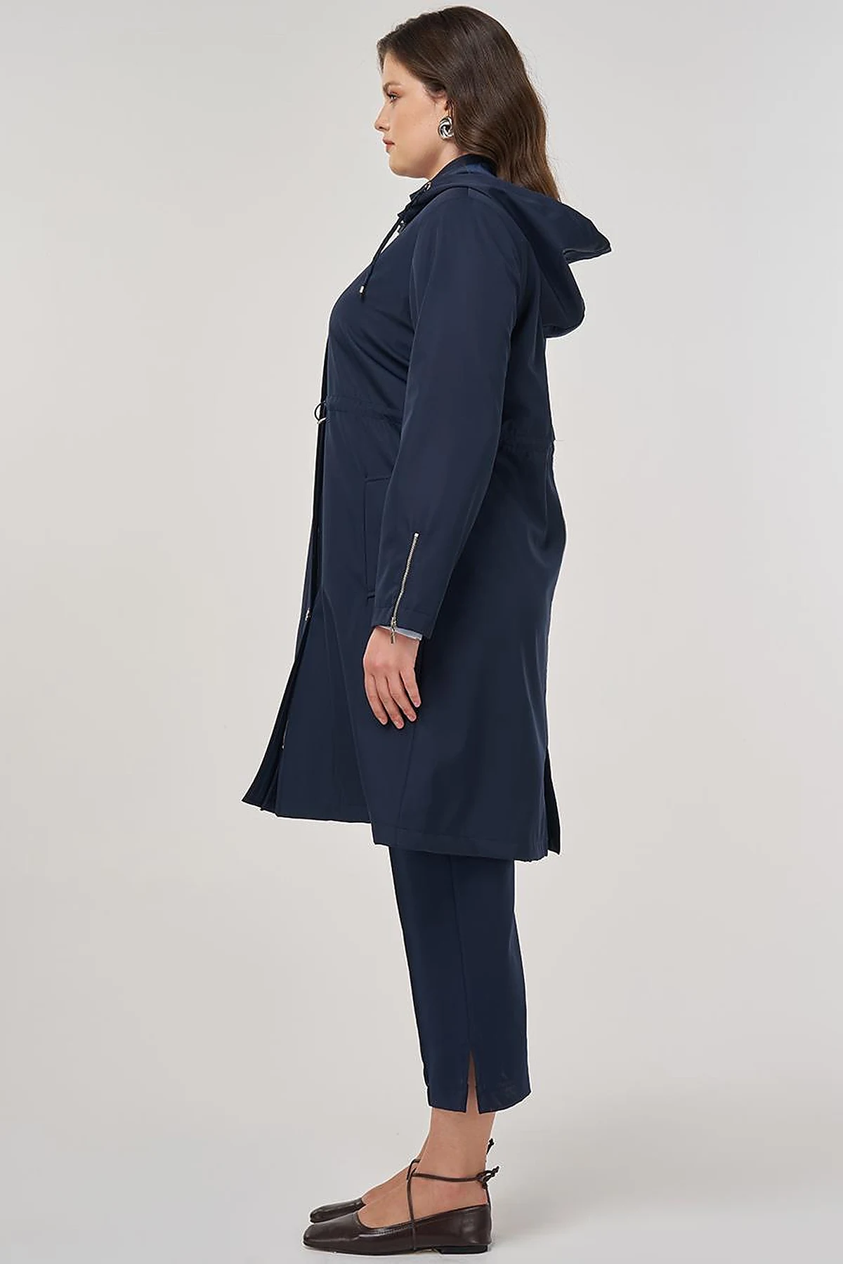 Zipper Detail Short Trench Coat in Dark Navy
