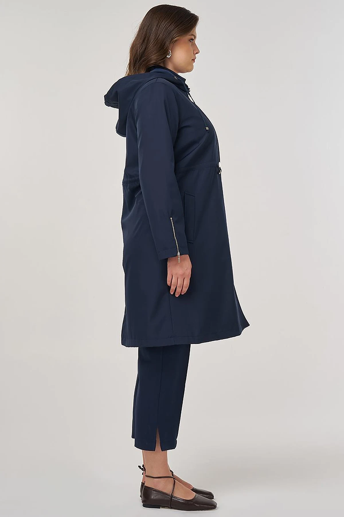 Zipper Detail Short Trench Coat in Dark Navy