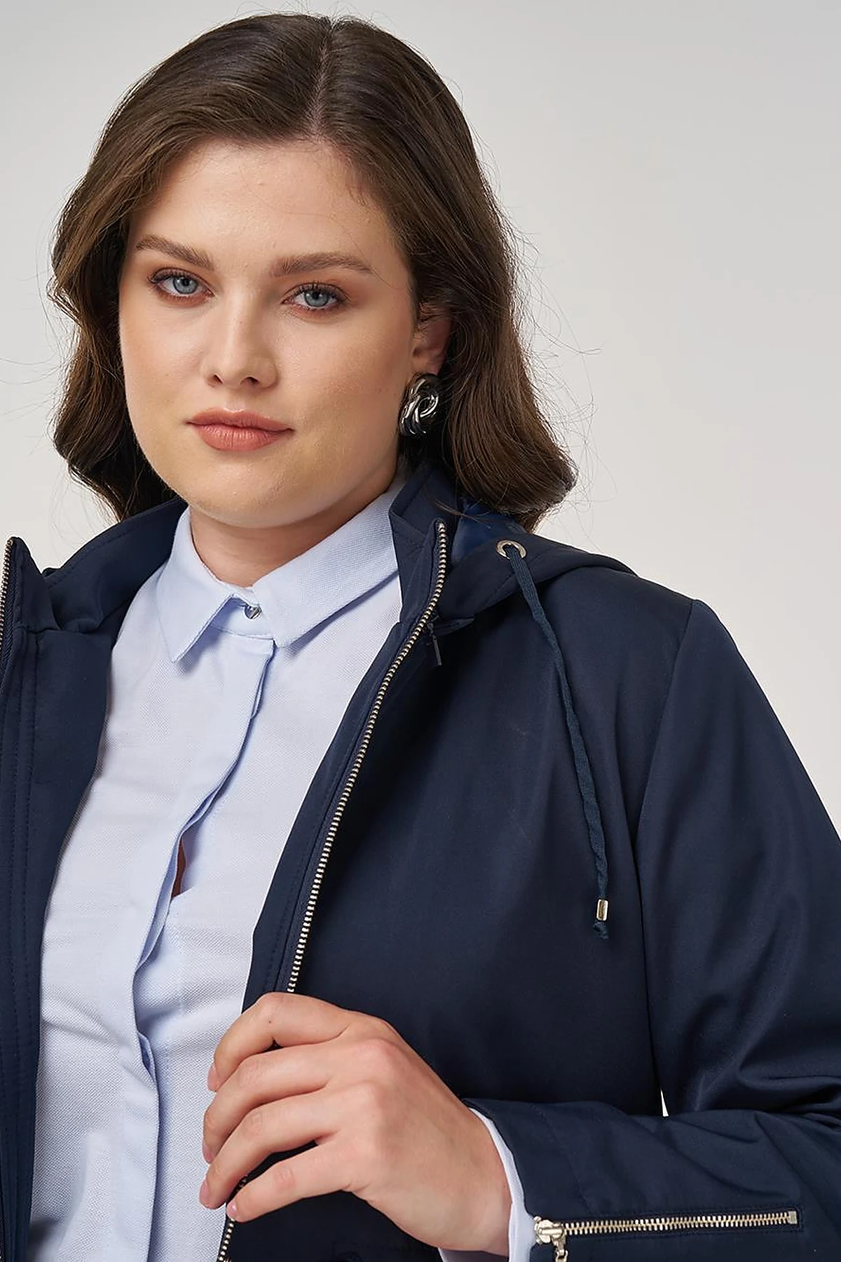 Zipper Detail Short Trench Coat in Dark Navy