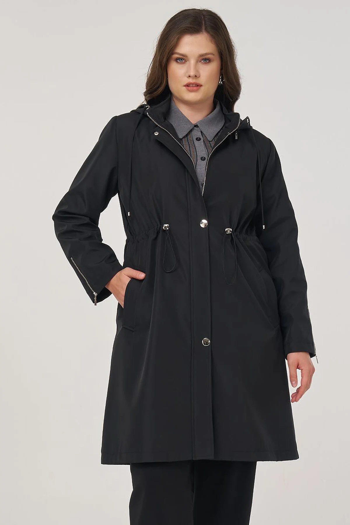 Zipper Detail Short Trench Coat in Black