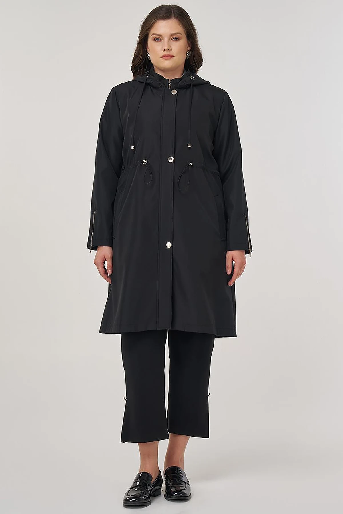 Zipper Detail Short Trench Coat in Black