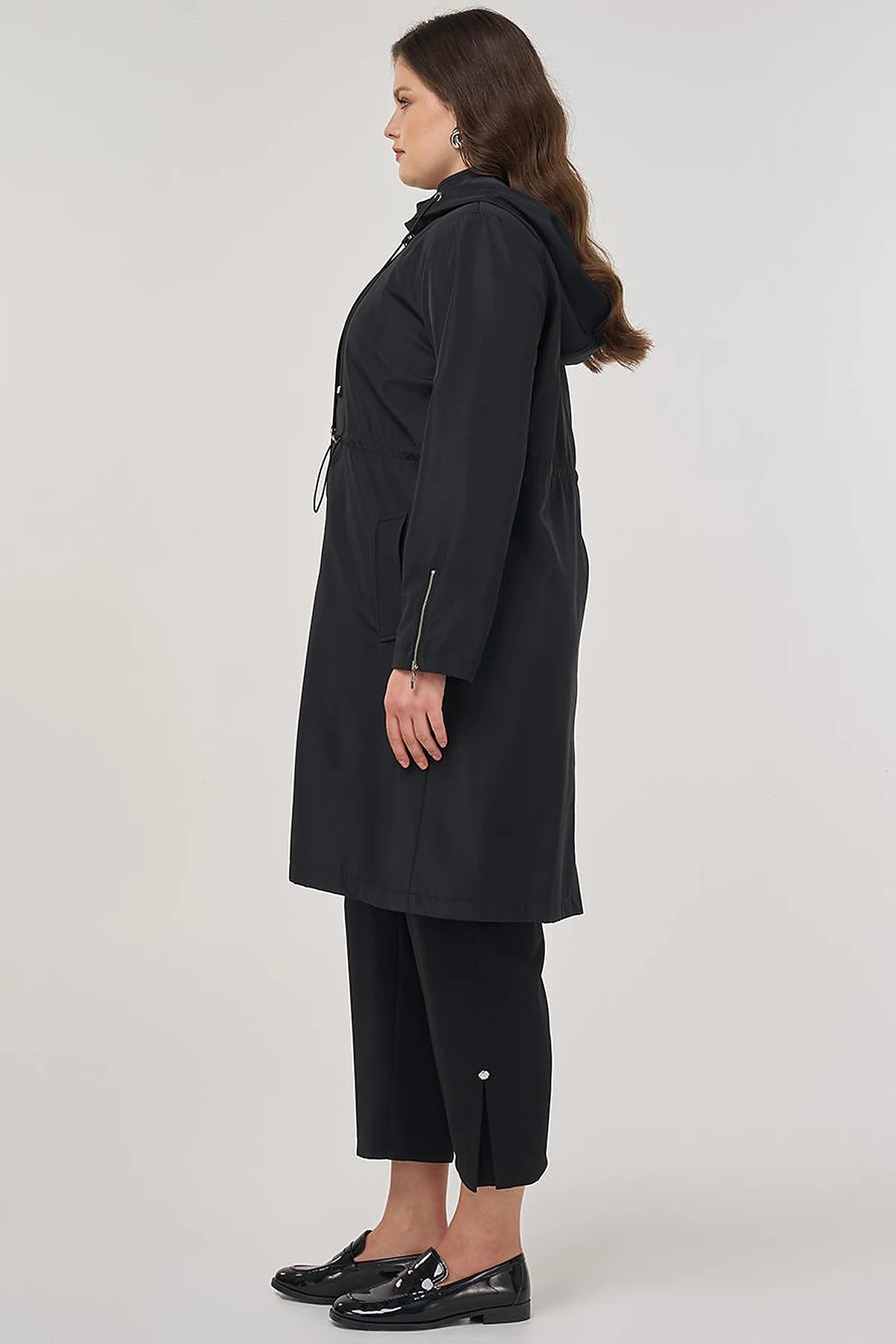 Zipper Detail Short Trench Coat in Black