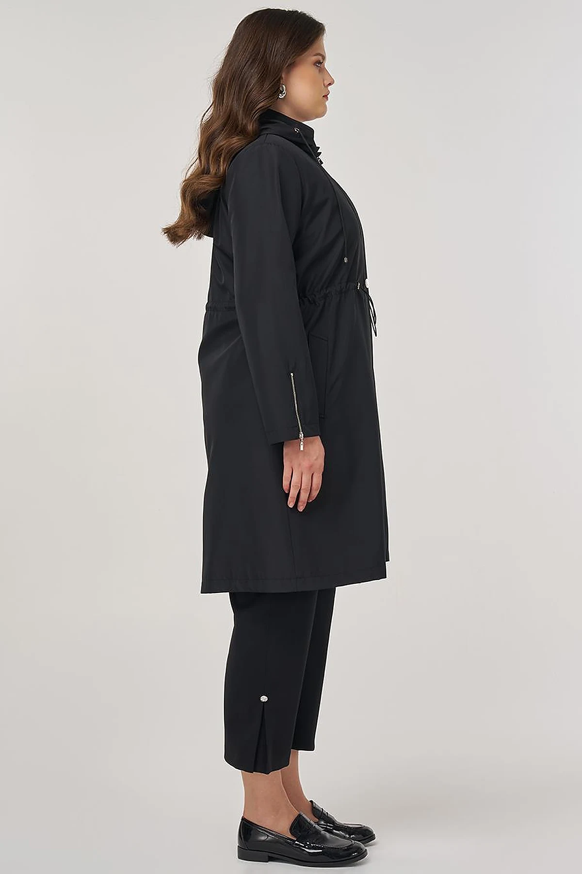 Zipper Detail Short Trench Coat in Black