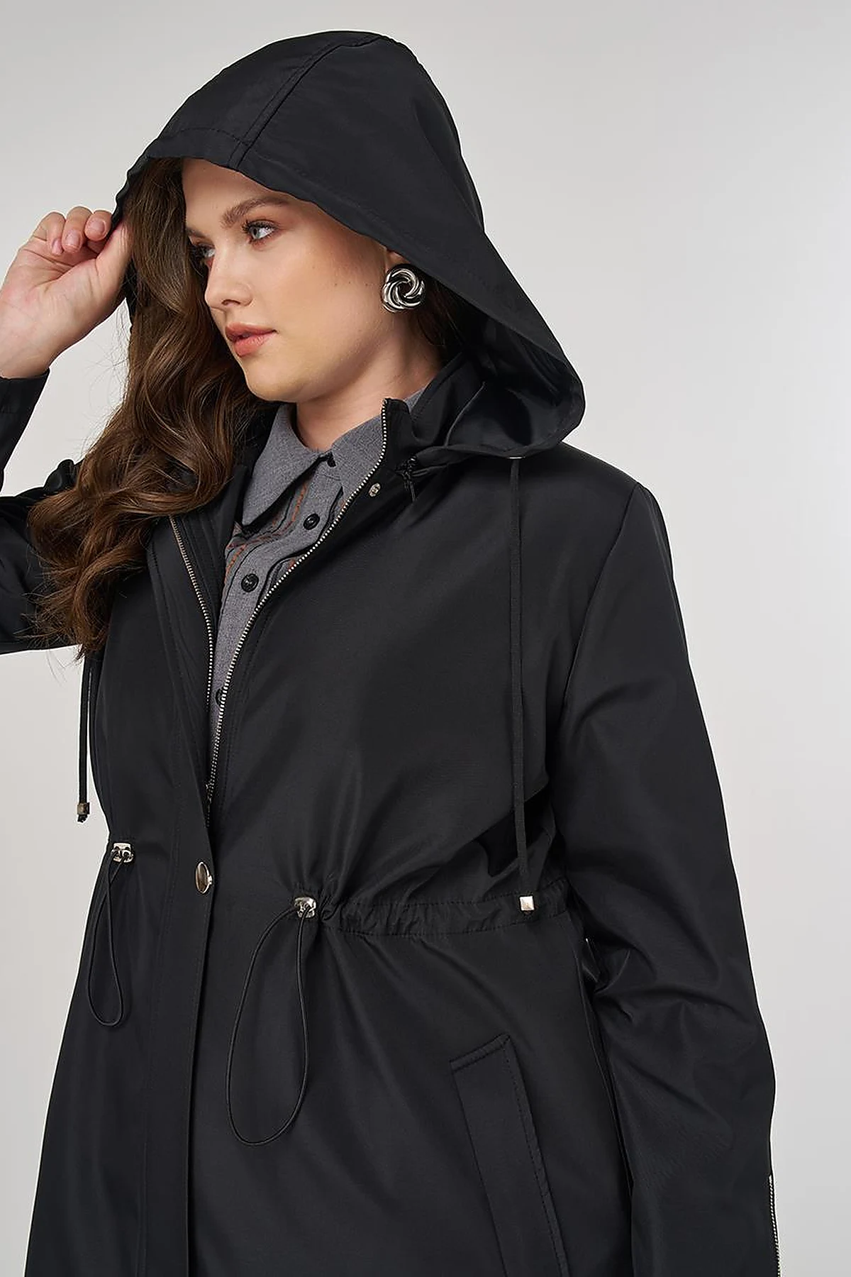 Zipper Detail Short Trench Coat in Black