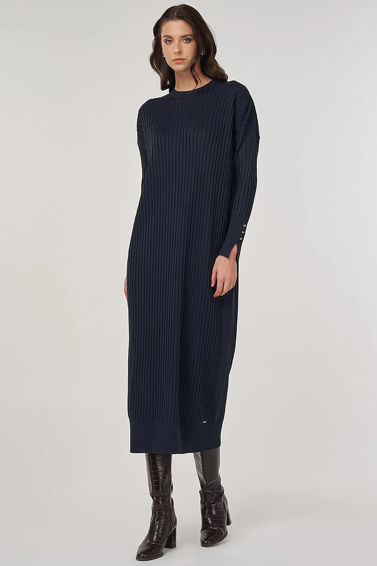 Ribbed Crew Neck Knit Maxi Dress Navy Blue