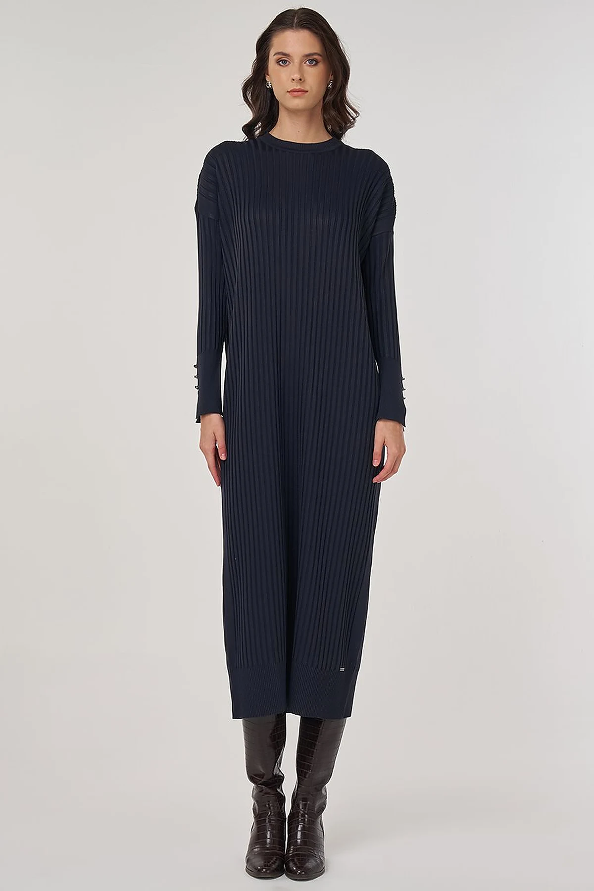 Ribbed Crew Neck Knit Maxi Dress Navy Blue