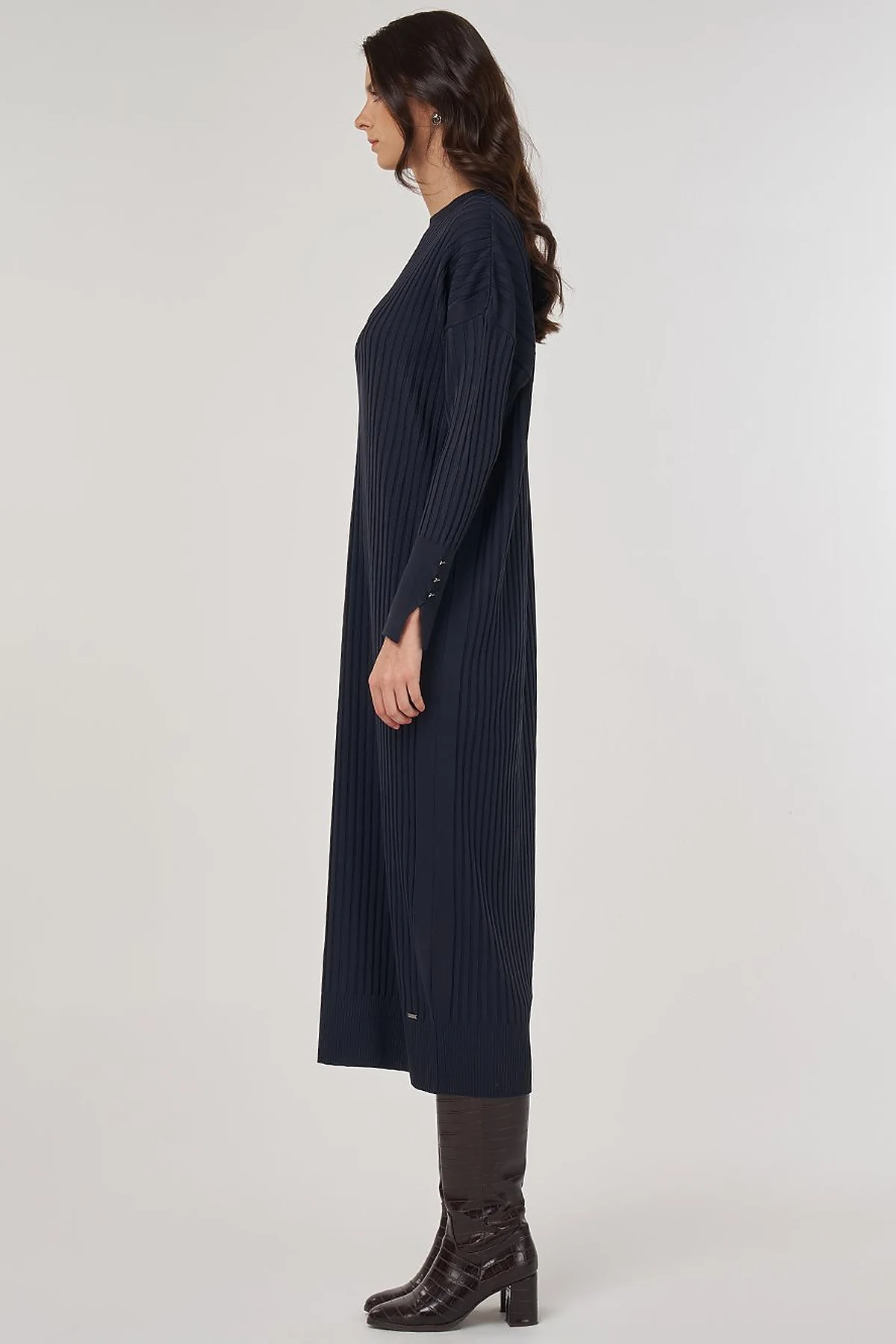 Ribbed Crew Neck Knit Maxi Dress Navy Blue