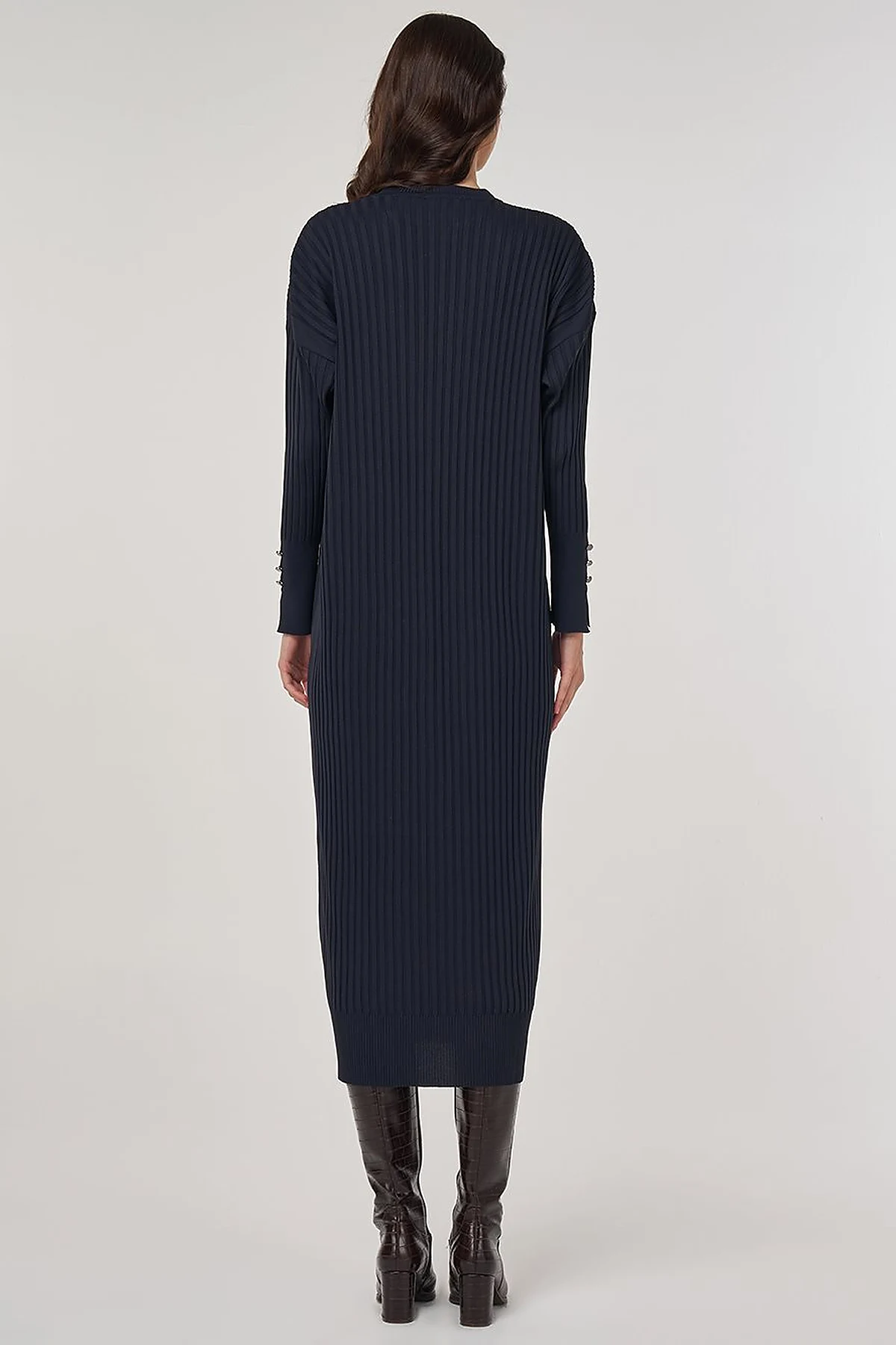 Ribbed Crew Neck Knit Maxi Dress Navy Blue