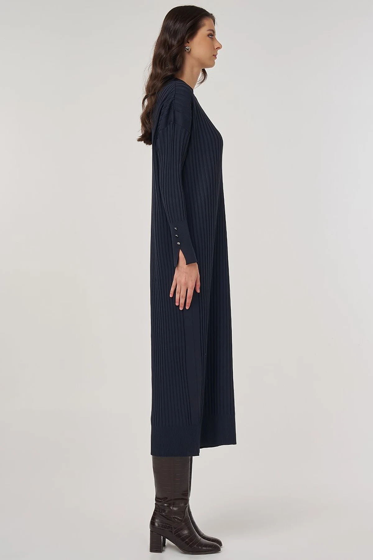 Ribbed Crew Neck Knit Maxi Dress Navy Blue