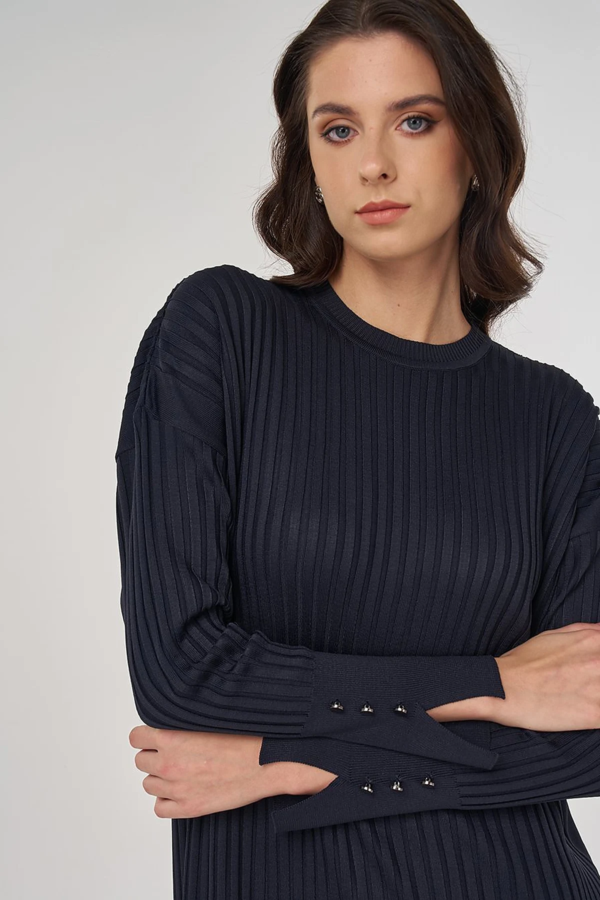 Ribbed Crew Neck Knit Maxi Dress Navy Blue