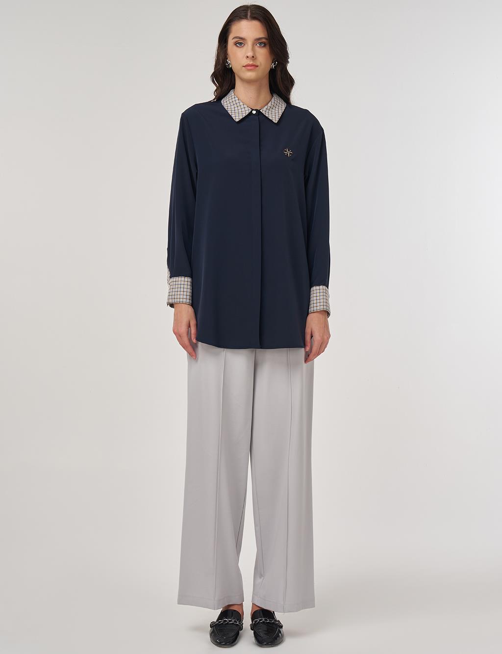 Button-Detailed Shirt Collar Tunic in Dark Navy