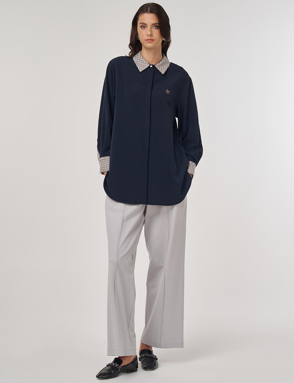 Button-Detailed Shirt Collar Tunic in Dark Navy