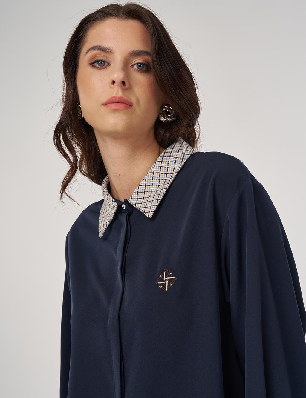 Button-Detailed Shirt Collar Tunic in Dark Navy