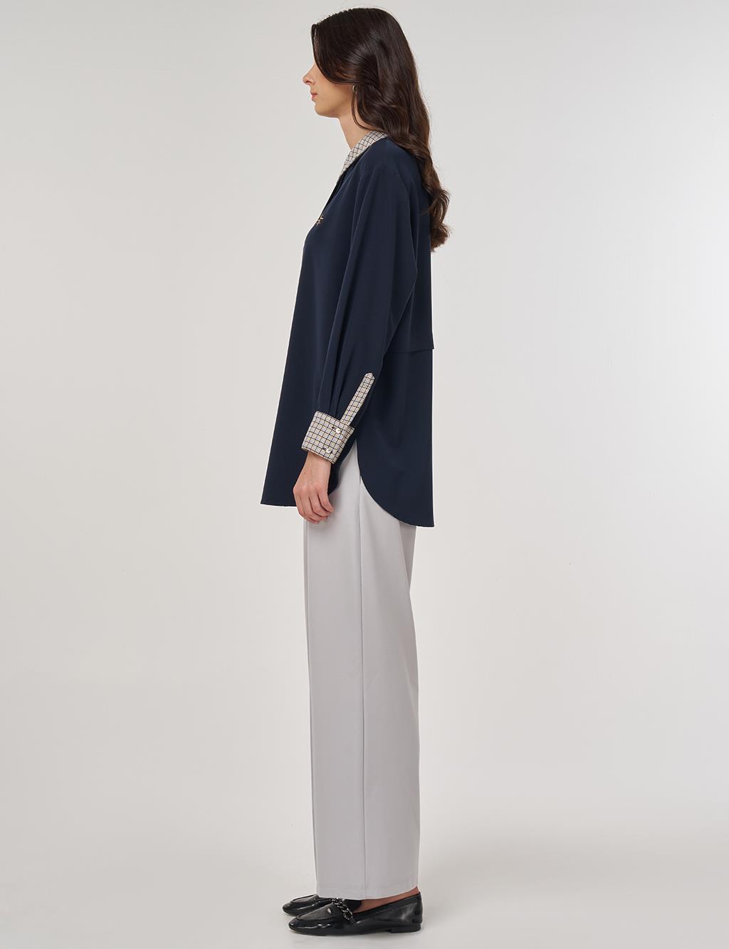 Button-Detailed Shirt Collar Tunic in Dark Navy