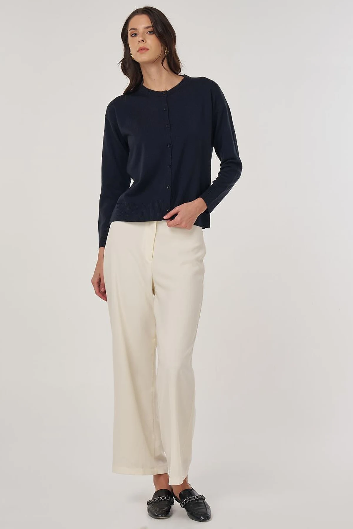 Button-Detail Knit Cardigan Navy Blue
