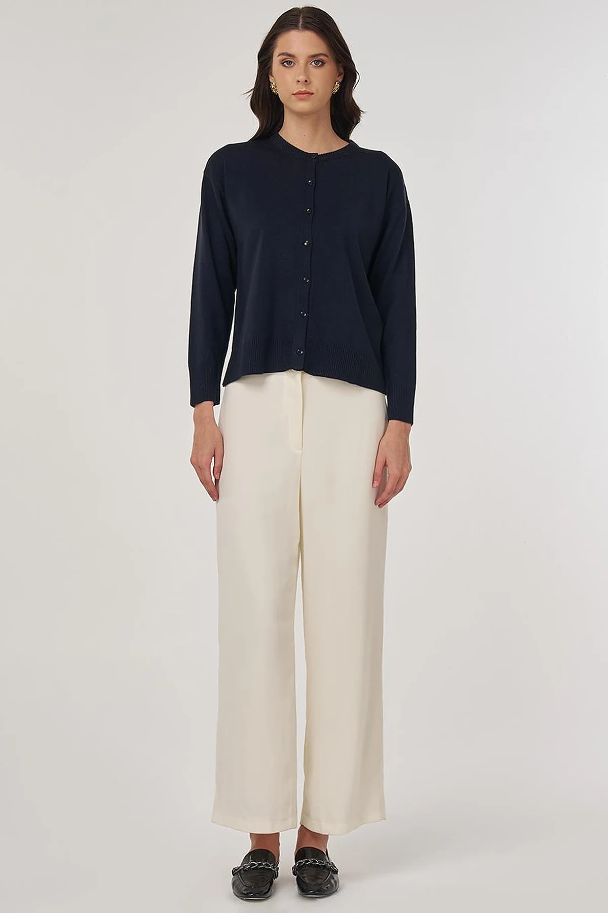 Button-Detail Knit Cardigan Navy Blue