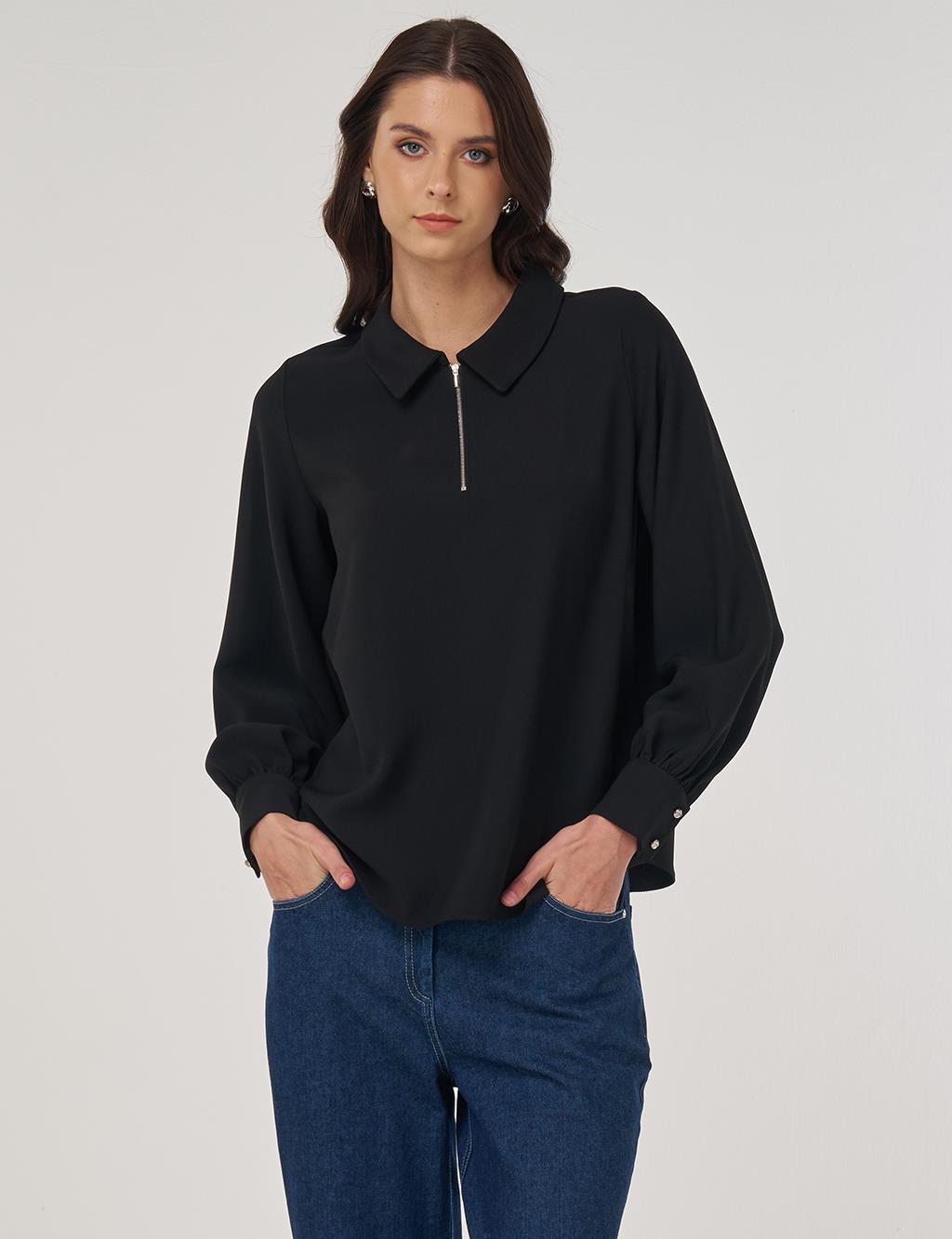 Polo Collar Blouse Black