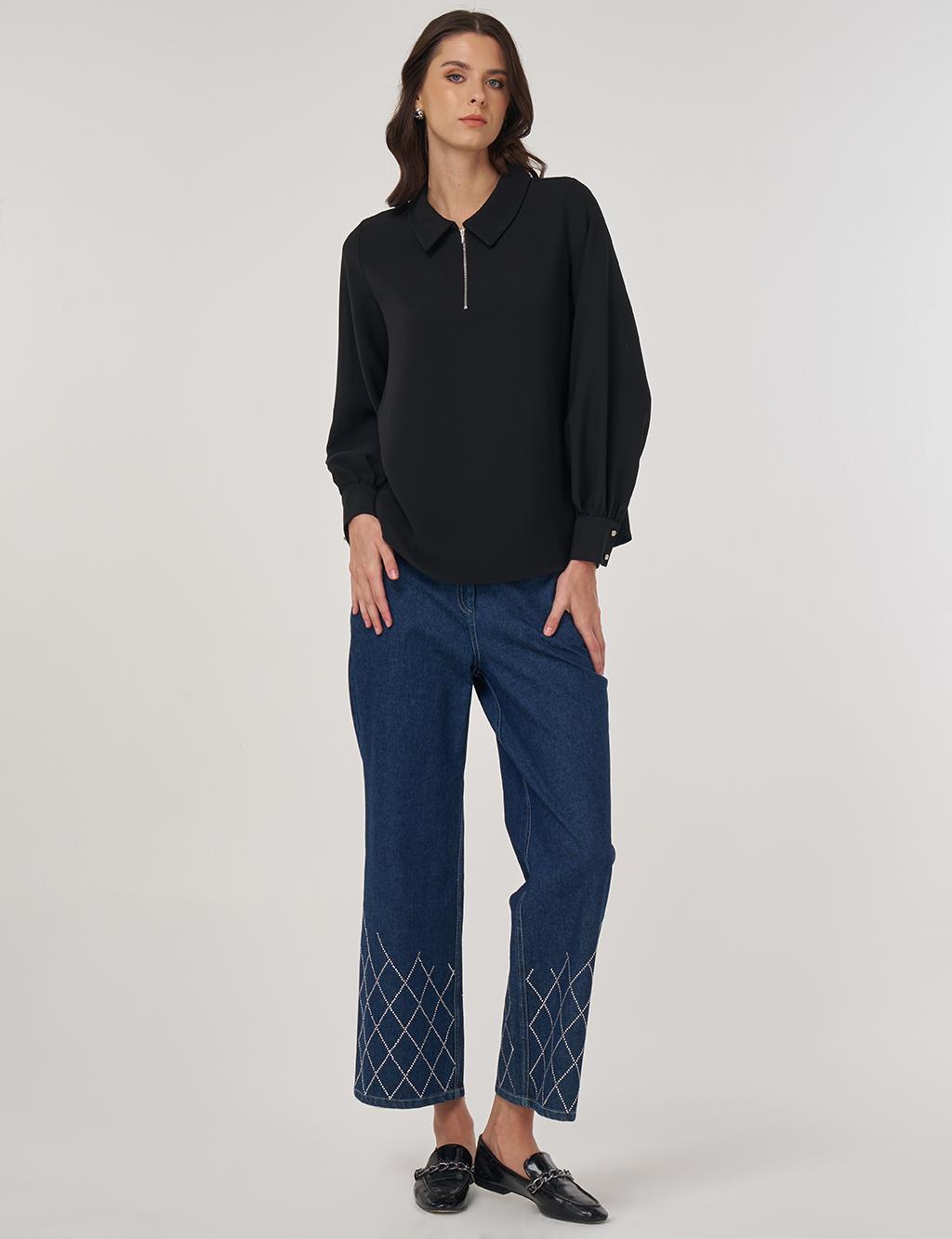 Polo Collar Blouse Black