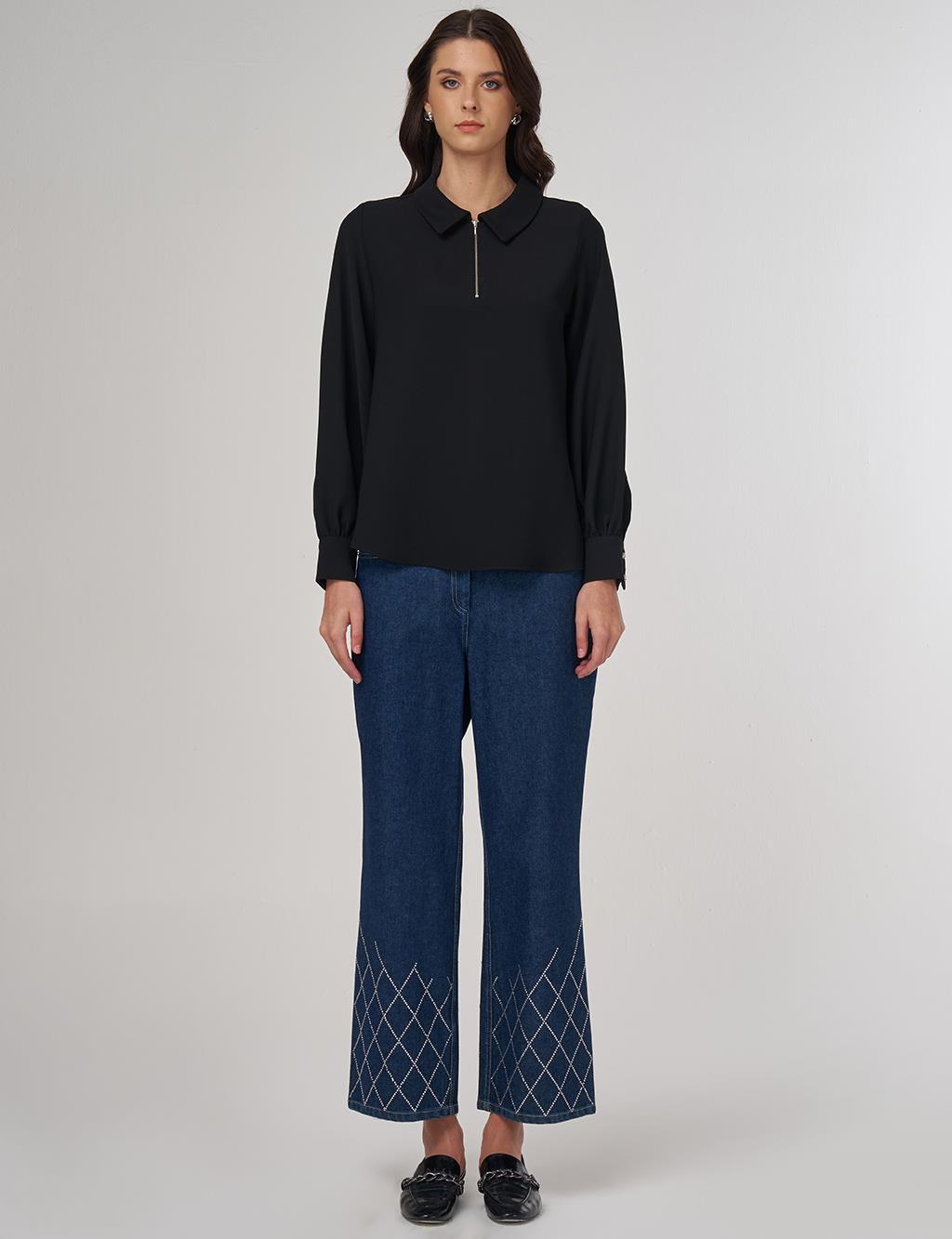 Polo Collar Blouse Black