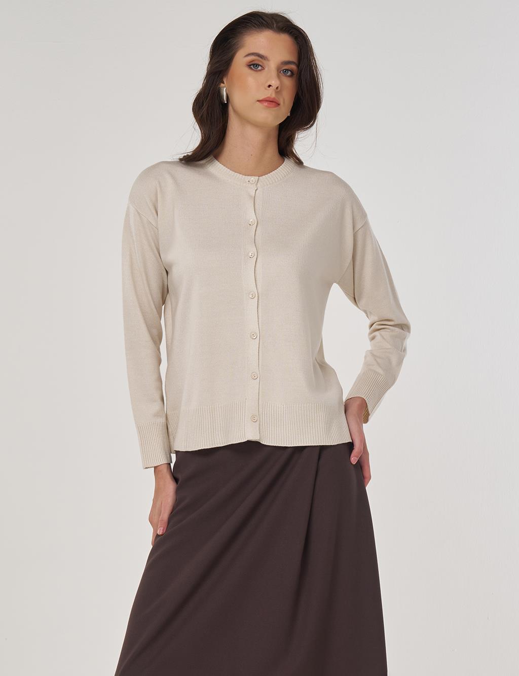 Button-Detail Knit Cardigan Ecru