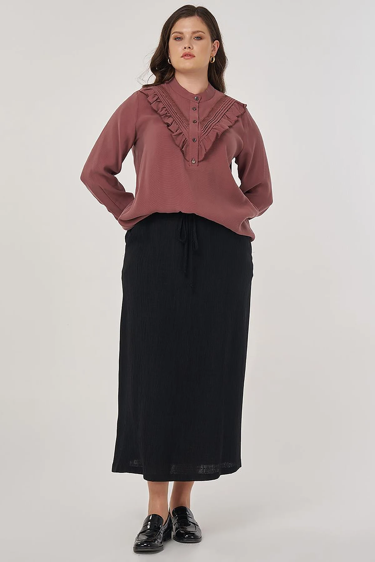 Düğme Detaylı Rayon Bluz Koyu Gülkurusu