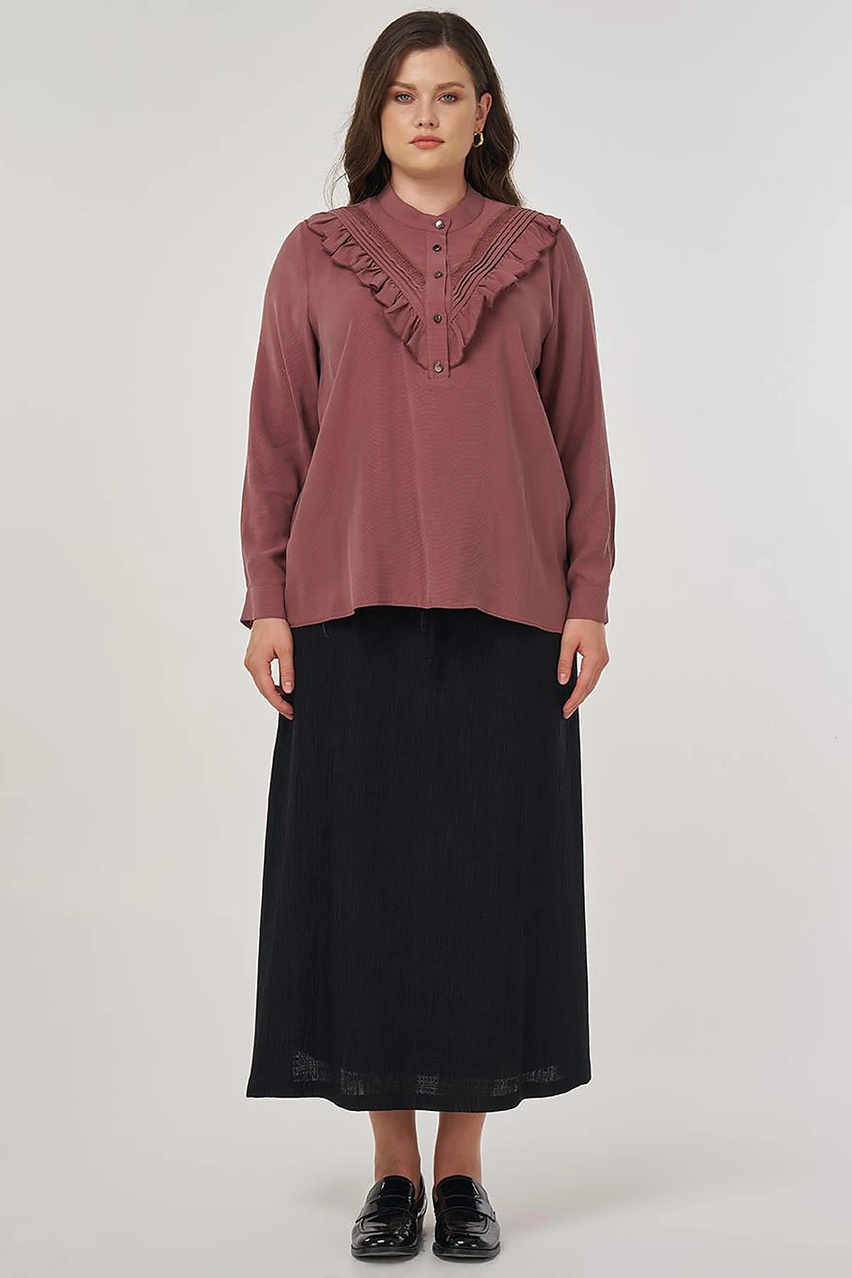 Düğme Detaylı Rayon Bluz Koyu Gülkurusu