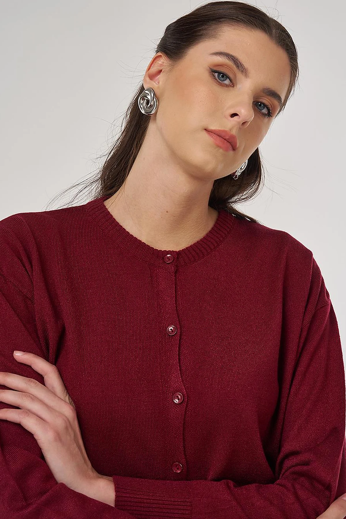 Button-Detail Knit Cardigan Burgundy