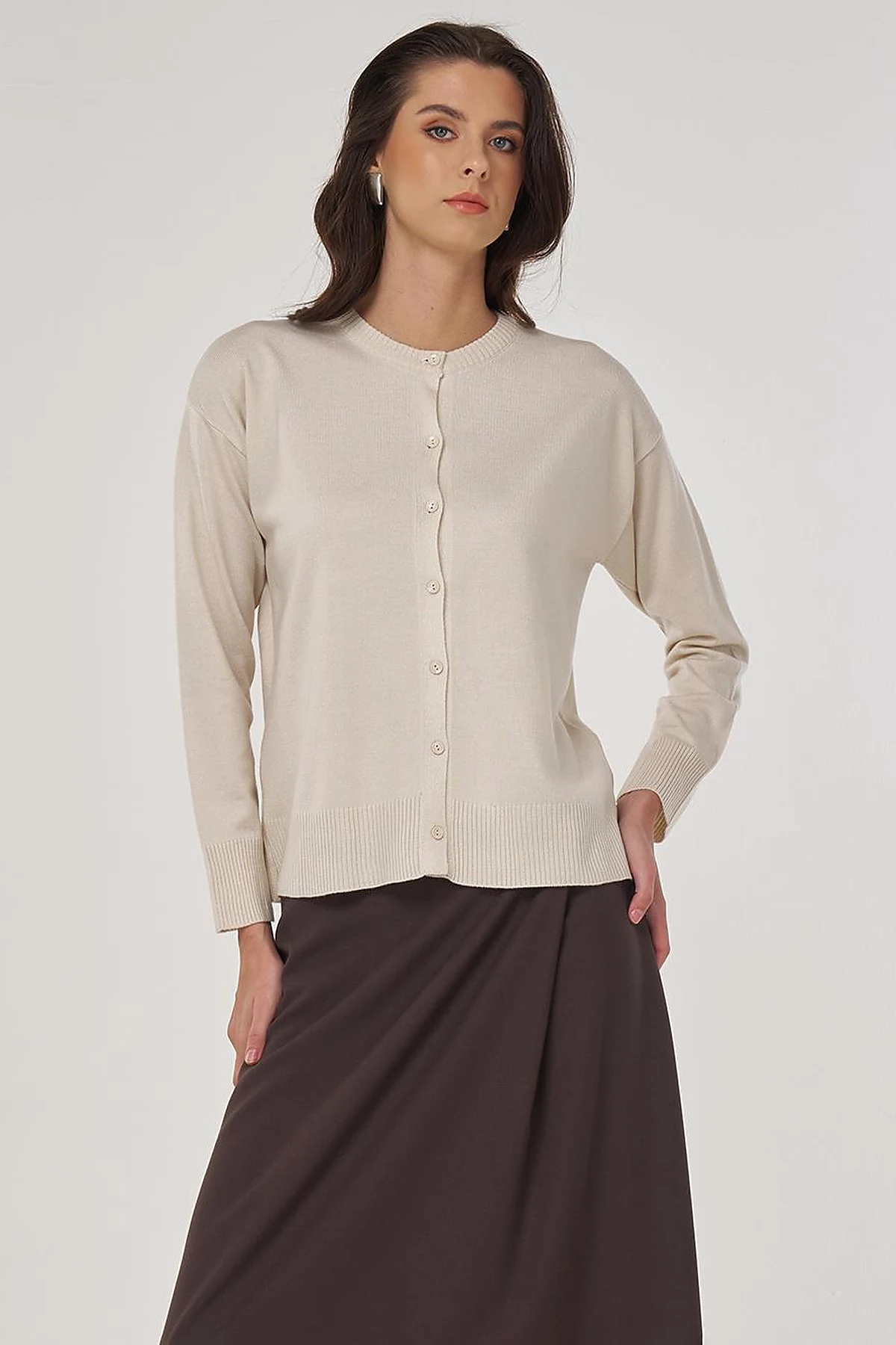 Button-Detail Knit Cardigan Ecru