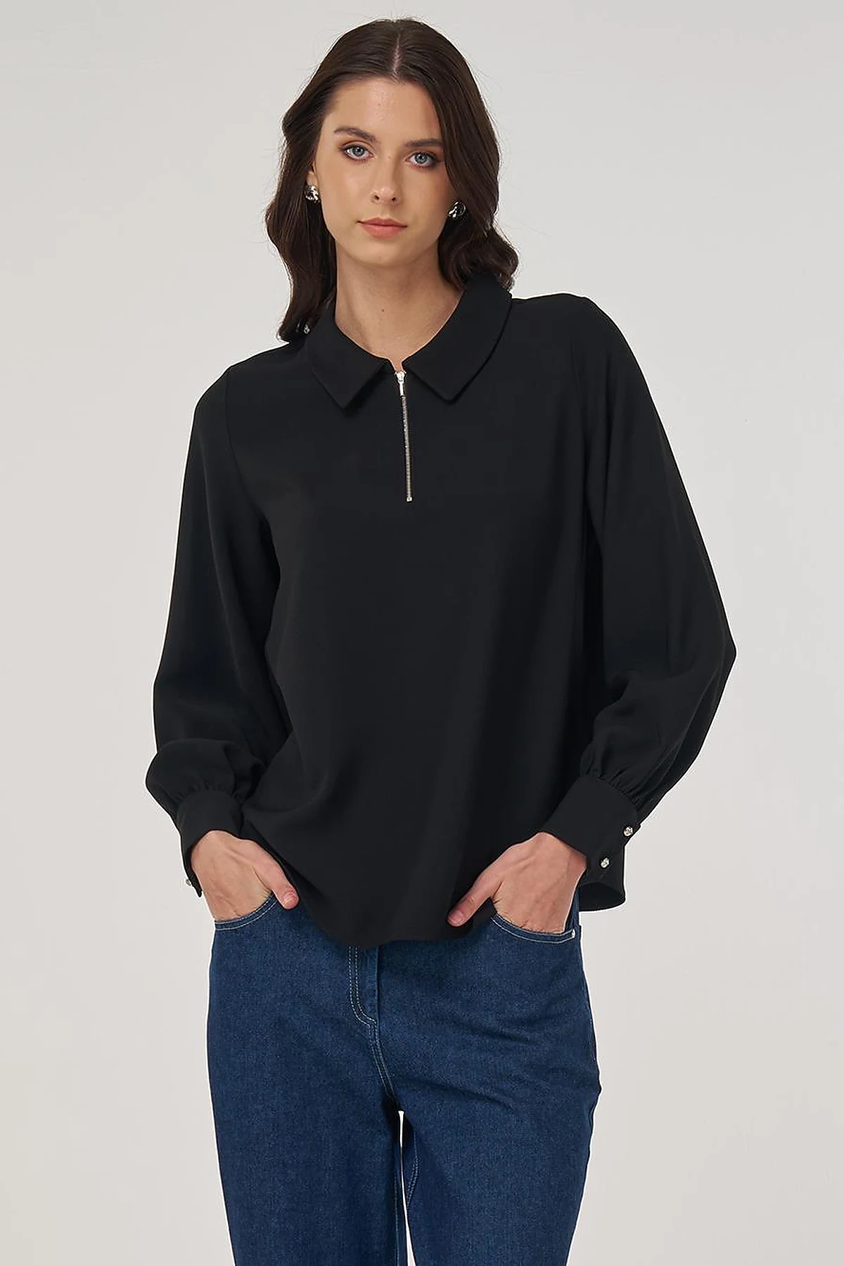 Polo Collar Blouse Black