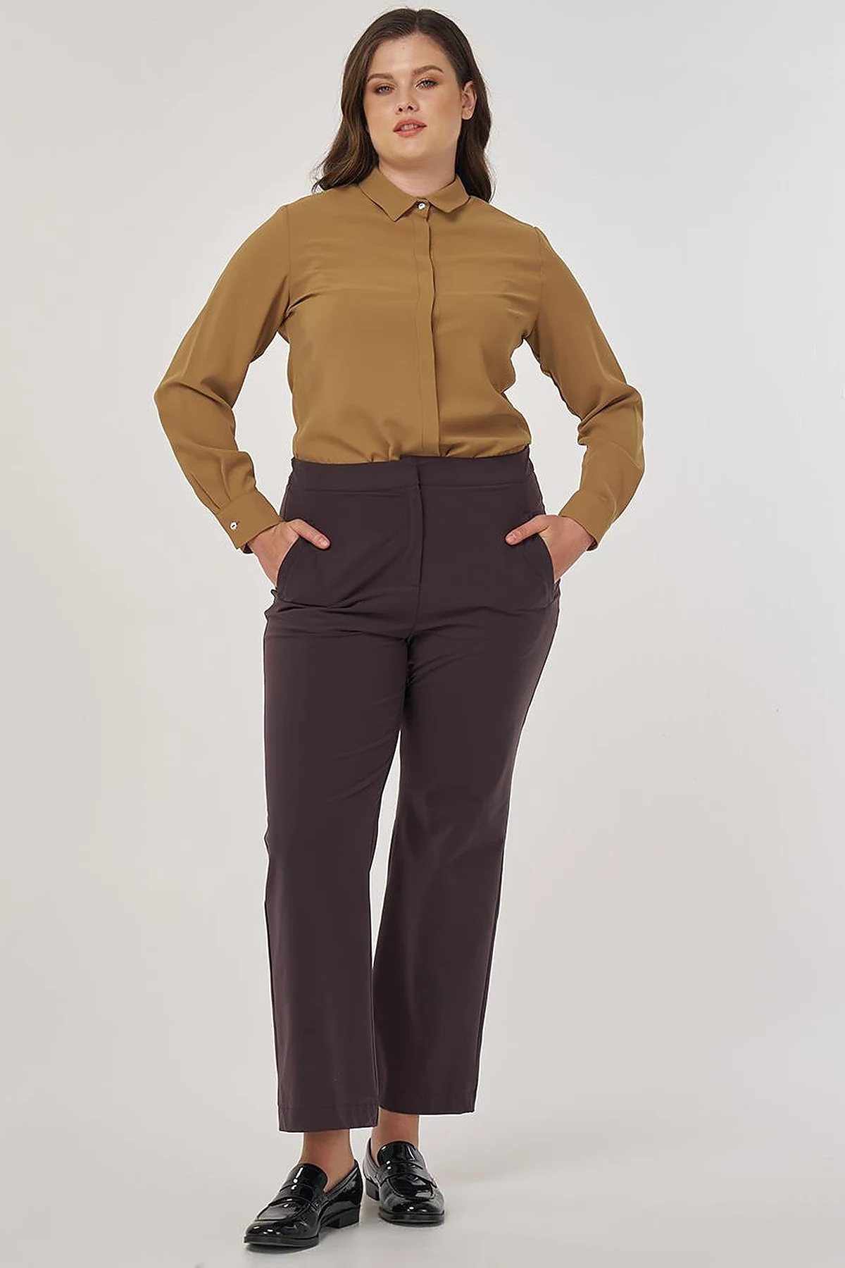 High-Waist Fabric Pants Dark Brown