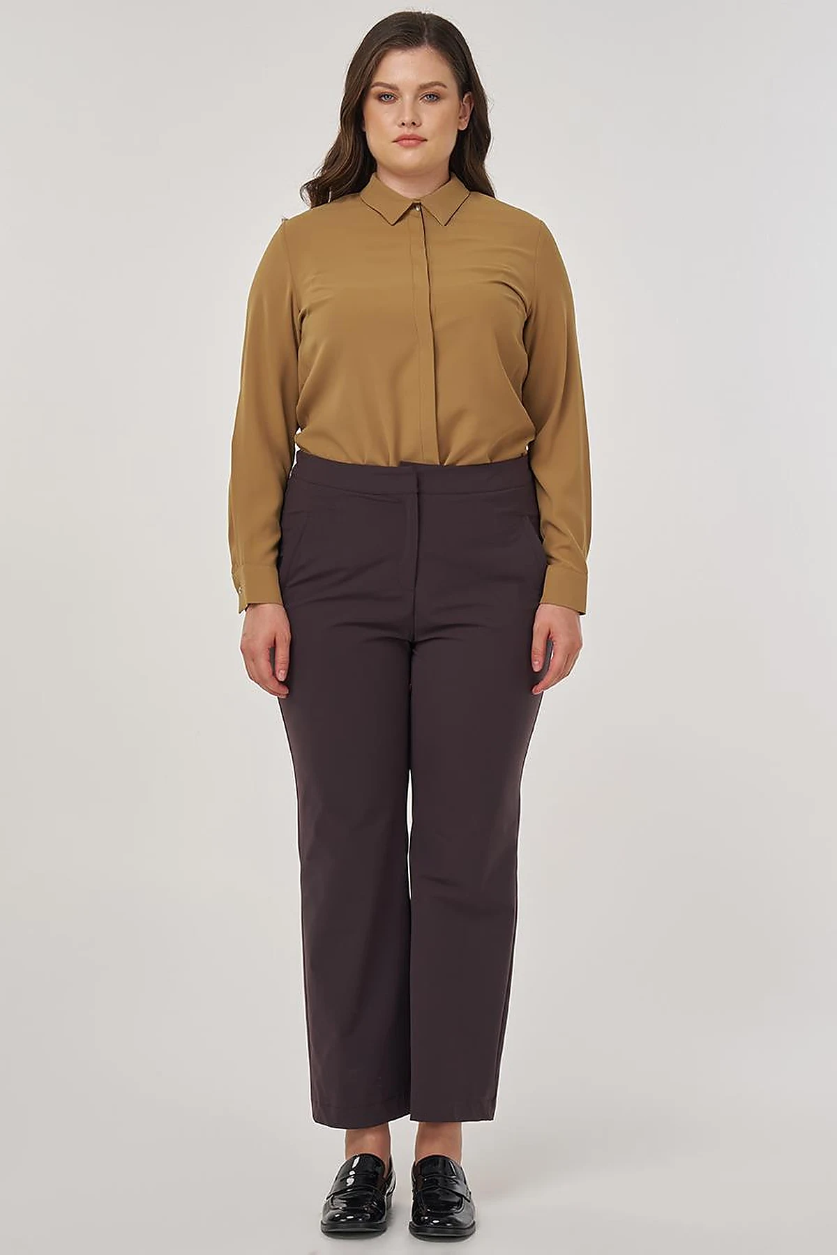 High-Waist Fabric Pants Dark Brown