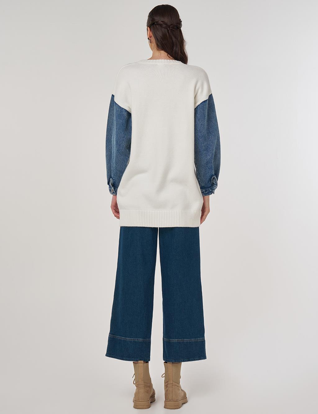 Denim Garnili Triko Tunik Ekru