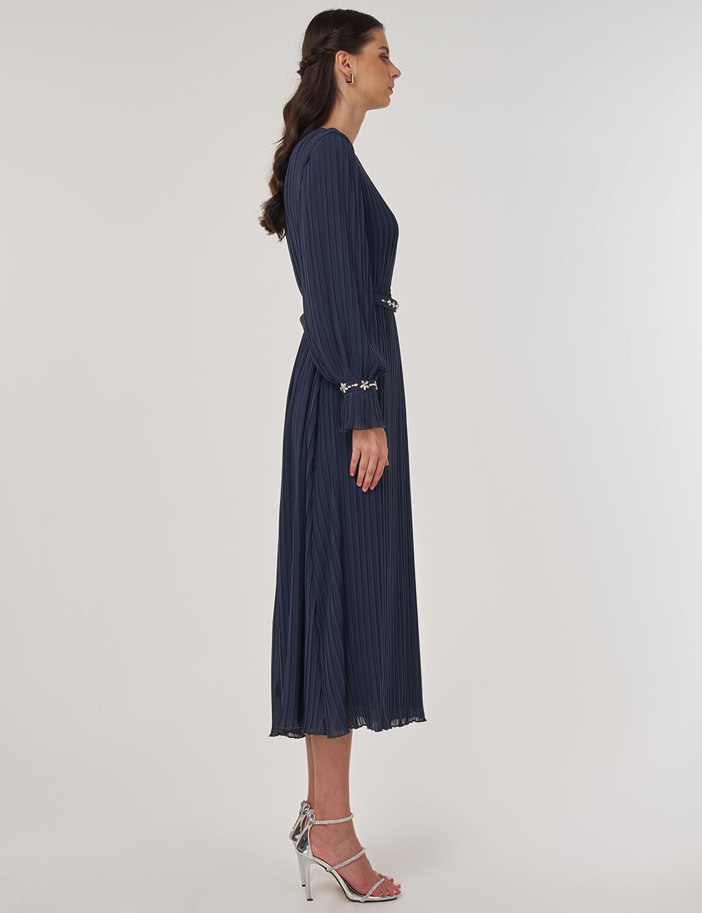 Stone-Embellished Elegant Dress in Anthracite