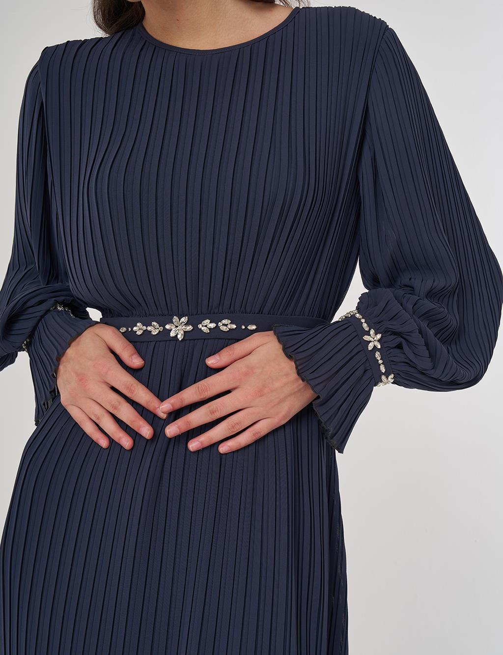 Stone-Embellished Elegant Dress in Anthracite