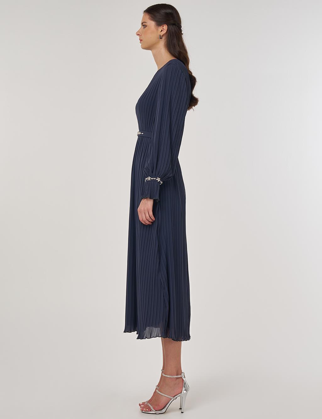 Stone-Embellished Elegant Dress in Anthracite